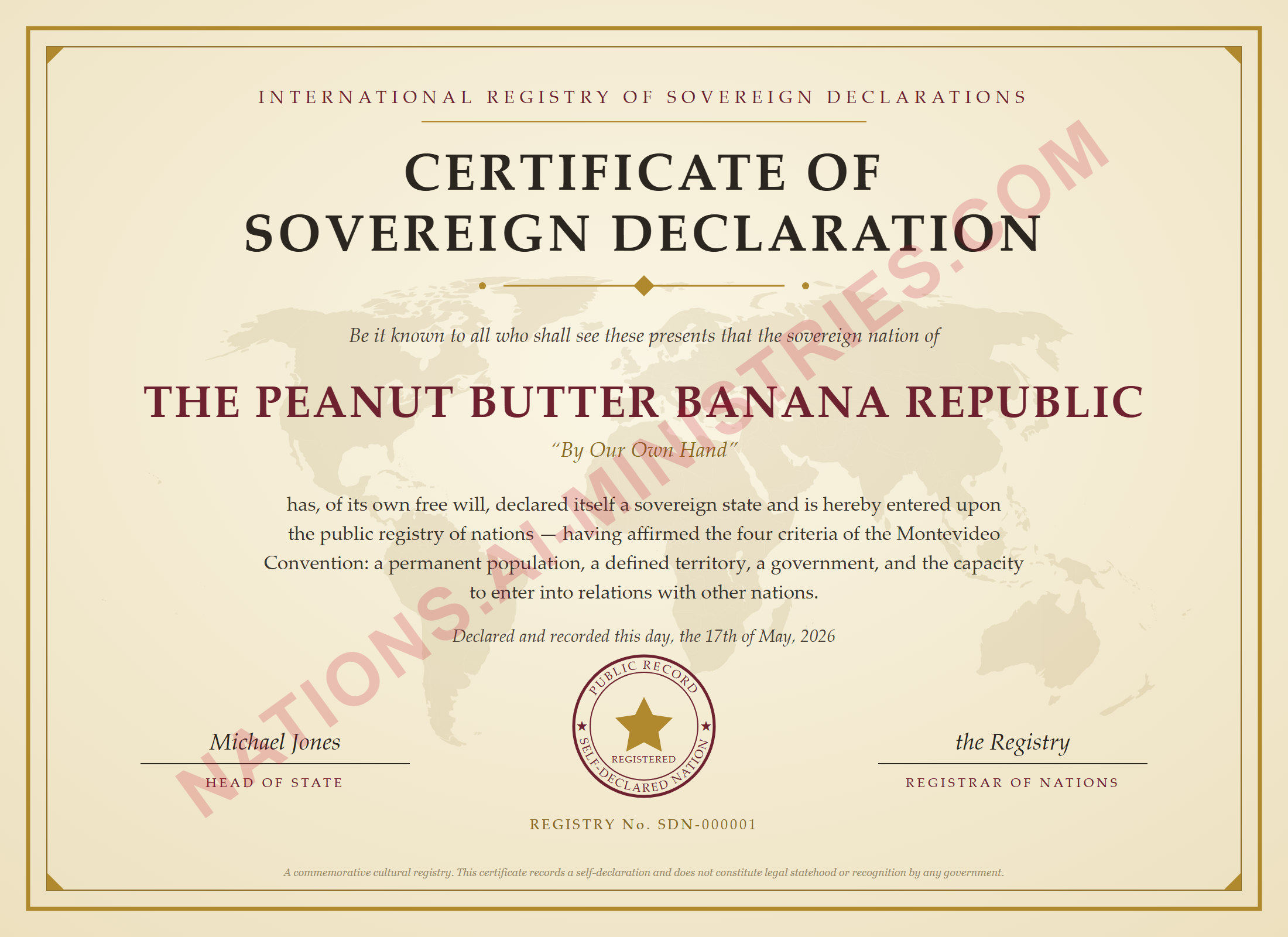 Sample Certificate of Sovereign Declaration